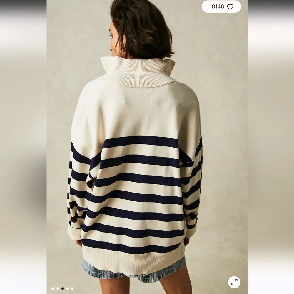 FREE PEOPLE Coastal Navy Cream Navy Striped Half Zip Pullover NWT